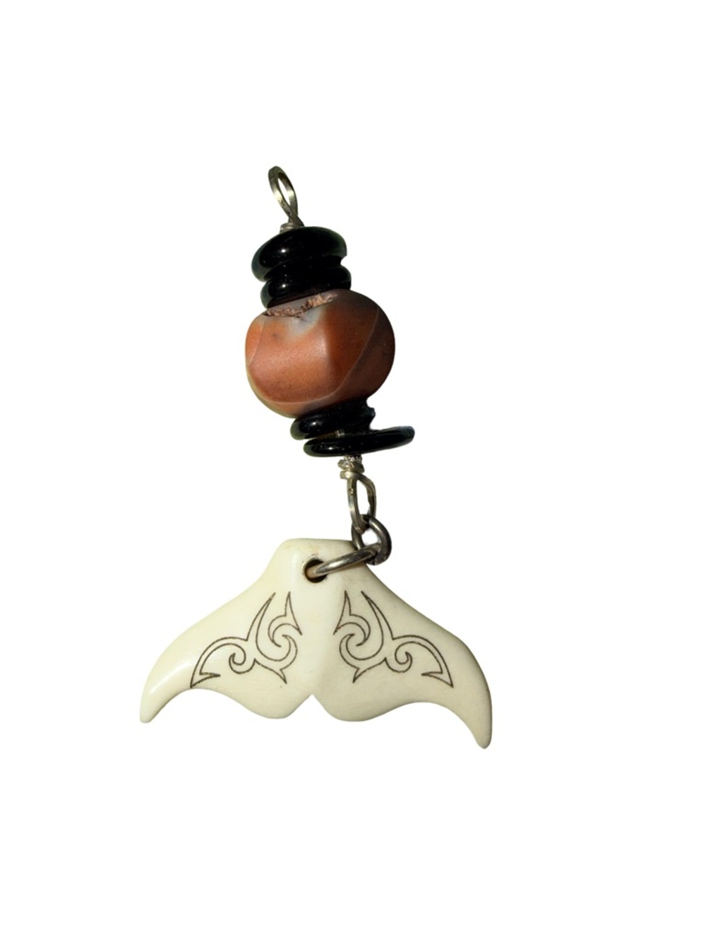 Handcrafted Cream & Brown Whale Bone Maori Tail Pendant Charm .925